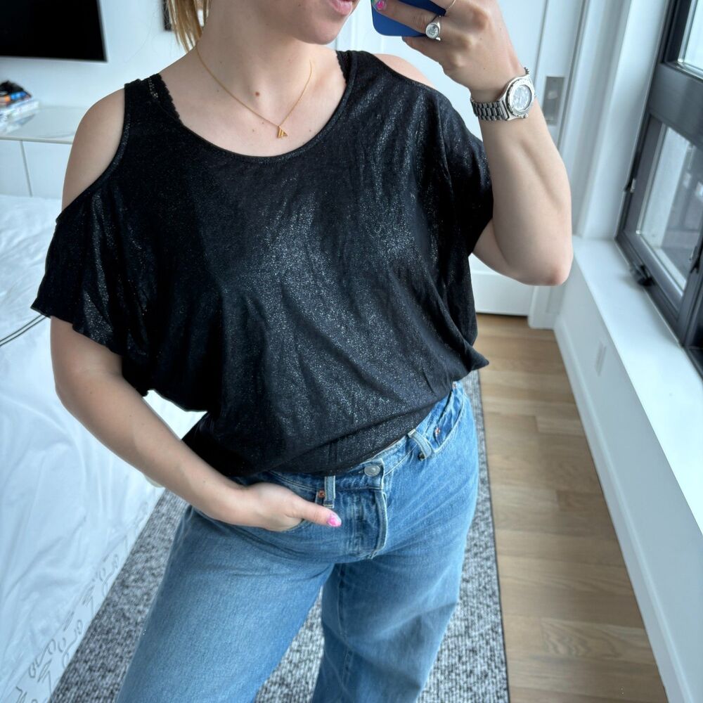 Soft by Joie Shimmer Cold Shoulder Top Black Caviar Small - Picture 7 of 11